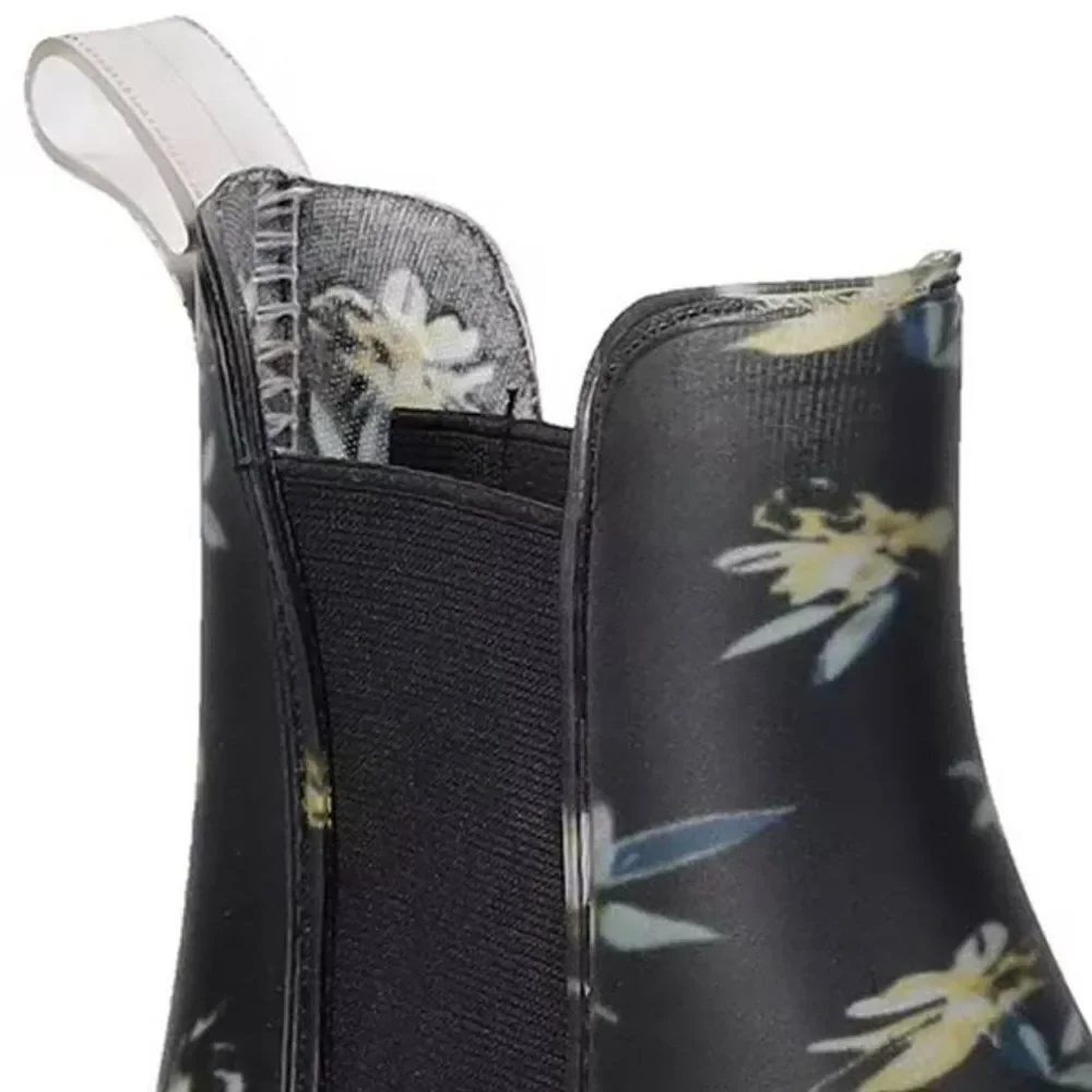 Women's Black Floral Print Chelsea Boots Water Resistant Pull on